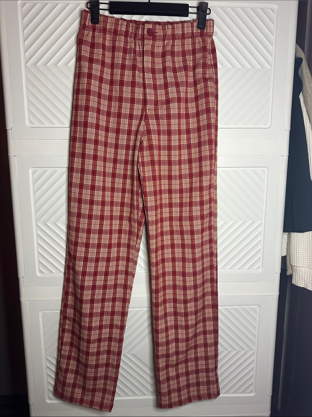 Brandy Melville Red and Cream Plaid Straight-Leg Pants